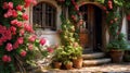 Pink climbing roses and potted plants by a stone house with a wooden door Royalty Free Stock Photo