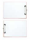 Pink clipboard with blank sheets of paper isolated on white