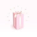 Pink closed box with tender satin ribbon. Magic and beautiful Gift box for girl, side view. Happy birthday greeting card Royalty Free Stock Photo