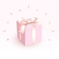 Pink closed box with tender satin ribbon. Magic and beautiful Gift box for girl, side view. Happy birthday greeting card Royalty Free Stock Photo