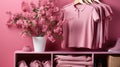 Pink clothing and shoes on a rack in a pink room, AI Royalty Free Stock Photo