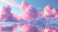 A pink cloud filled sky with water reflecting the clouds, AI