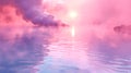 Pink cloud floating over the calm surface of a lake against the backdrop of a sunset sky. The reflection of the cloud in Royalty Free Stock Photo