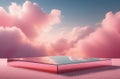 On a pink cloud stands an empty, glass, rectangular podium against a blue sky background with pink clouds. A product Royalty Free Stock Photo