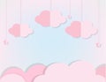 Pink Clouds and stars in soft blue sky. Background in paper cut, paper craft style for baby, kids and nursery design, invitations,