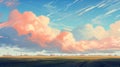 Pink cloudscape over a rural field with a blue sky and white clouds in the background in an impressionist style