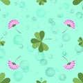 Pink clover flowers and green leaves pattern on mint colour background Royalty Free Stock Photo