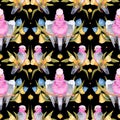 Pink cockatoo Galah parrot seamless pattern with tropical Eucalyptus leaves and flowers. Tropical Australian bird and plant