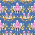 Pink cockatoo Galah parrot seamless pattern with tropical Eucalyptus leaves and flowers. Tropical australian bird and plant on Royalty Free Stock Photo