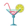 Pink cocktail in martini glass with straw and lime