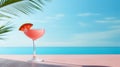 Pink Cocktail on the table of the summer open restaurant on a beach with ocean. Fresh Cocktail. Horizontal format Ai generated