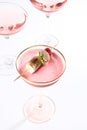 Pink cocktail in a tall glass. The alcoholic cocktail is decorated with marshmallows. Photo on white background. Close Royalty Free Stock Photo