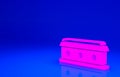 Pink Coffin with christian cross icon isolated on blue background. Happy Halloween party. Minimalism concept. 3d