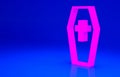 Pink Coffin with christian cross icon isolated on blue background. Happy Halloween party. Minimalism concept. 3d