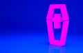 Pink Coffin with christian cross icon isolated on blue background. Happy Halloween party. Minimalism concept. 3d