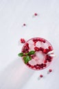 Pink cold berry cocktail with lingonberry, ice and green leaves in sunbeam on white wooden table, copy space, top view.