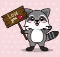 Pink color background with hearts silhouettes and cute kawaii animal raccoon standing with wooden sign love you and