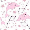 Pink color dolphin with constellation seamless pattern