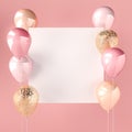 Pink color and golden balloons with sequins and white sticker. Pink background for social media. 3D render for birthday, party, we