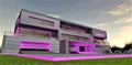 Pink color lighting of the facade of a modern house. An exclusive project in a futuristic style. A good idea for a real estate
