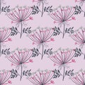 Pink colored hand drawn yarrow wild silhouettes seamless pattern. Blue background. Pastel colors