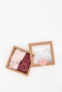 Pink colored panties for women in gift box. Fashion trendy lace lingerie. Female wardrobe, shopping and holiday concept.