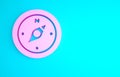 Pink Compass icon isolated on blue background. Windrose navigation symbol. Wind rose sign. Minimalism concept. 3d