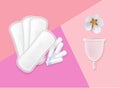 Pink composition with menstrual cycle hygiene products and flower. Sanitary cup, napkin and tampons Royalty Free Stock Photo