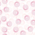 Pink concentric circles with dotted outline. Seamless geometric pattern on white background