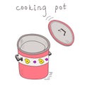 Pink cooking pot with a pot lid eccentric drawing. Doodle line art artistic crockery vector colorful sketch illustration