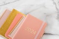 Pink coral colored diary for the year 2024 and many other diaries, pen, marble background Royalty Free Stock Photo