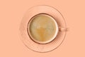 Pink coral vintage cup of hot coffee flying isolated on peach fuzz background. Cup in trendy color of year 2024 Peach Fuzz