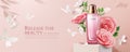 Pink cosmetic ads with paper roses