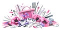 Pink cosmetic bag with beauty master's tools for eyelash extension and lamination, with brushes, silicone rollers
