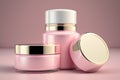 Pink cosmetic jars on a pink background. Generative AI