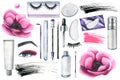 Pink cosmetics with anemone flowers and various decorative and skin care cosmetics. Watercolor illustration, hand drawn Royalty Free Stock Photo