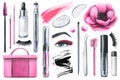 Pink cosmetics with anemone flowers and various decorative and skin care cosmetics. Watercolor illustration, hand drawn Royalty Free Stock Photo