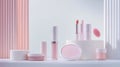 Elegant Pink Makeup Products Display Lipsticks, Gloss, Powder, Cream Jar, and Puff Royalty Free Stock Photo
