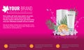 Pink Cosmetics product ads poster template with Water splash. Cream tube package with flowers and palm leaf. Vector