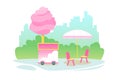 Pink cotton candy cart kiosk on wheels, cartoon candyfloss store on city street vector illustration. Sugar floss maker Royalty Free Stock Photo