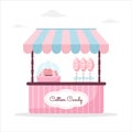 Pink cotton candy stall counter. Outdoor market with street food. Vector illustration in flat cartoon style