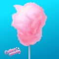 Pink cotton candy on stick, sugar cloud, tasty dessert, poster with text, isolated on blue background vector