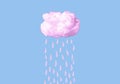 Pink cotton cloud with rain drops on blue sky background. Cloudy weather or dreaming concept in surreal fairy style.