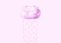 Pink cotton cloud with rain drops. Weather, forecast or dreaming concept in surreal fairy style.