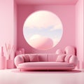 Minimalist Pink Room With Ethereal Cloudscape Sofa And Round Window