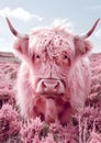 A pink cow grazes in a pink flowerfilled field, head raised to the sky