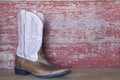 Pink cowboy boots on red barn board