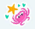 Pink crab with cute smiling face and starfish. Summer vacation