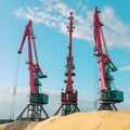 Pink cranes near the sand against a blue sky. Industrial landscape, industrial zone. Beautiful, trendy, unusual colors of Royalty Free Stock Photo