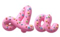 Pink cream with colorful sweets font. Letter A.